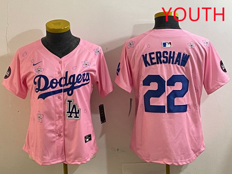 Youth Los Angeles Dodgers #22 Kershaw Pink White Blue Sakura Edition 2025 Nike MLB Jersey style 10->youth mlb jersey->Youth Jersey